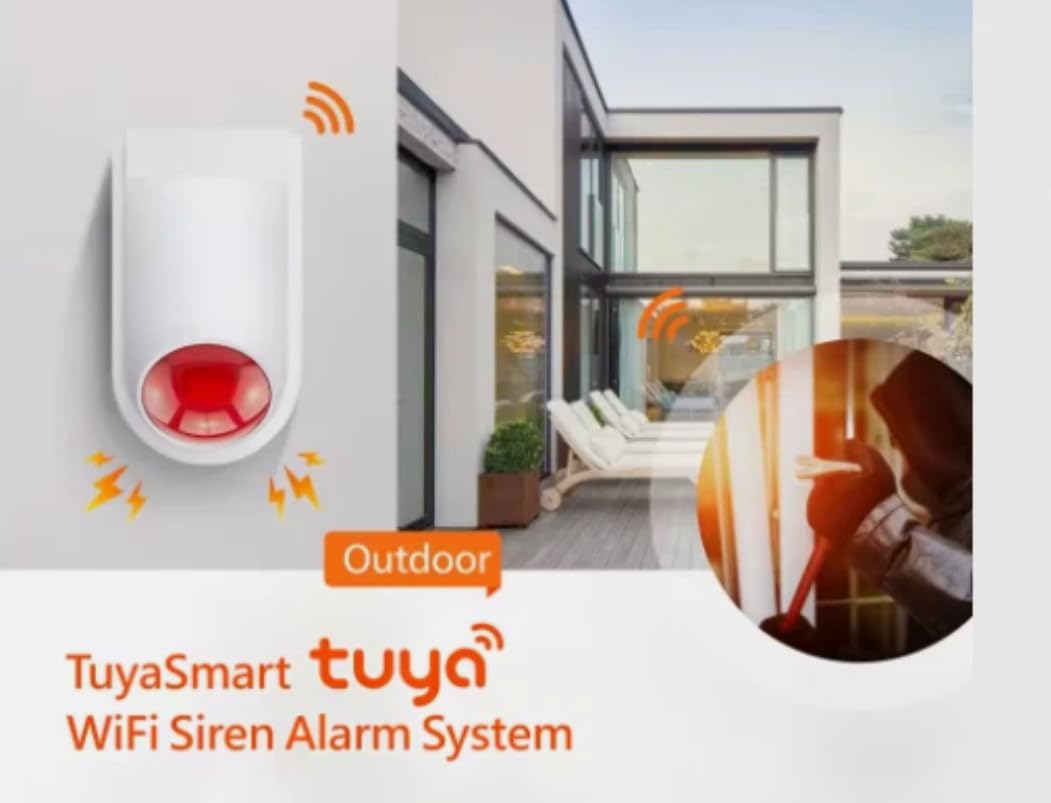 Sirène extérieure WiFi Tuya PST 120 DB avec Batterie Rechargeable et Alimentation, Compatible avec Les capteurs 433 MHz et l'application Tuya Smart Life pour la Maison connectée. Alarme antivol.