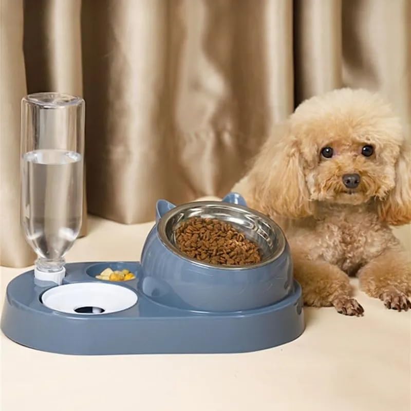 2-in-1 Stainless Steel Pet Bowl with 550ml Water Bottle, Auto Feeder for Dogs and Cats (Light Blue)