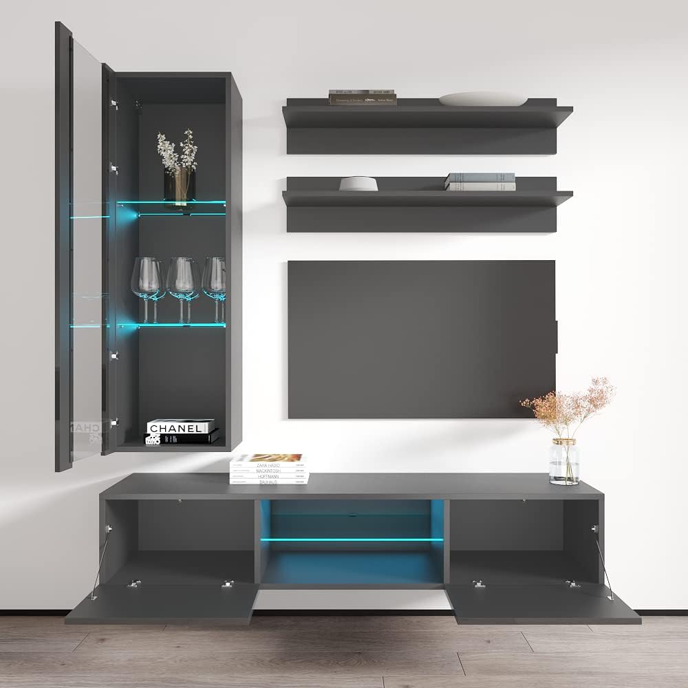 Meble Furniture Fly H1 33TV Stand Wall-Mounted Entertainment Center — Floating Design with Storage and LED Lights — Engineered Wood, 59.1 x 15.7 x 14.2 in — Grey