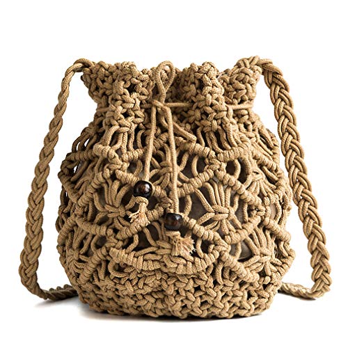 Womens Drawstring Crossbody Bag Beach Handwoven Purse Small Straw bucket bag retro woven hollow Messenger bag