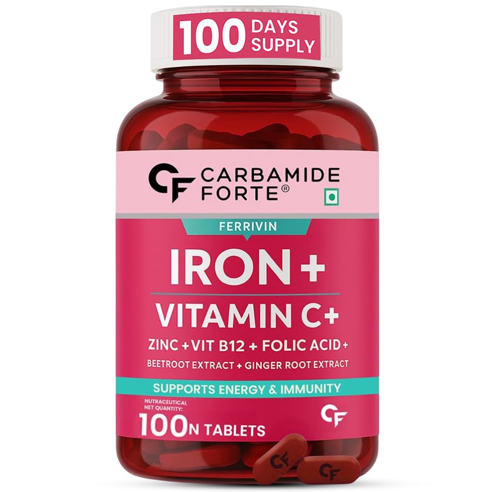 Carbamide Forte Iron Supplement for Women & Men | Folic Acid Tablets with Vitamin C, B12, Zinc | 100 Veg Iron Tablets for Women & Men
