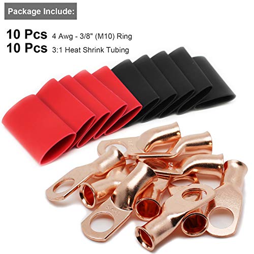 10pcs 4 Awg - 3/8\" (M10) TKDMR Wire Lugs Ring Terminal Connectors Ends, UL Listed Heavy Duty for Battery Cable Lug Wire Electrical Eyelets with 3:1 Dual Wall Adhesive Heat Shrink