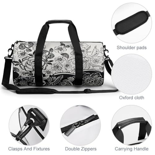 Sac de gym fleurs noires et blanches format cabine pour le camping
