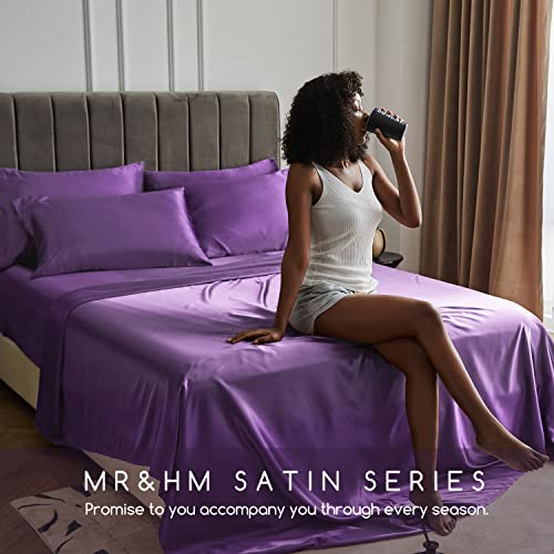 Image of MR&HM Satin Bed Sheets, Queen Size Sheets Set, 6 Pcs Silky Bedding Set with 15 Inches Deep Pocket for Mattress (Queen, Lavender)