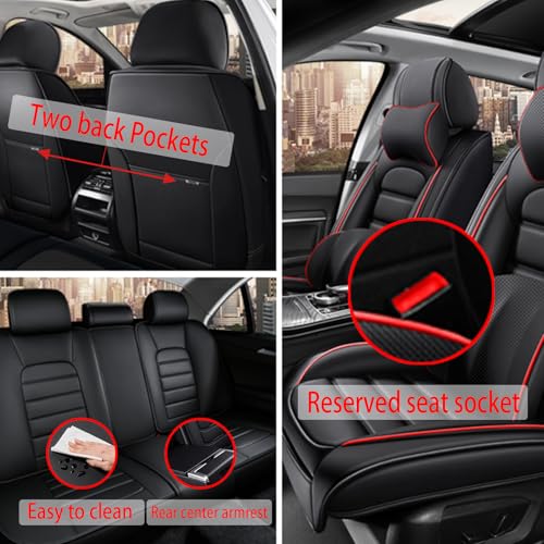 Image of Fit for Sedan SUV Pick-up Truck,Automotive,Ice Slik Nappa Leather Car Seat Covers,Waterproof Durability Washable Seat Covers,5 Seat Complete Set Luxury Car Seat Cover(Black & Red)