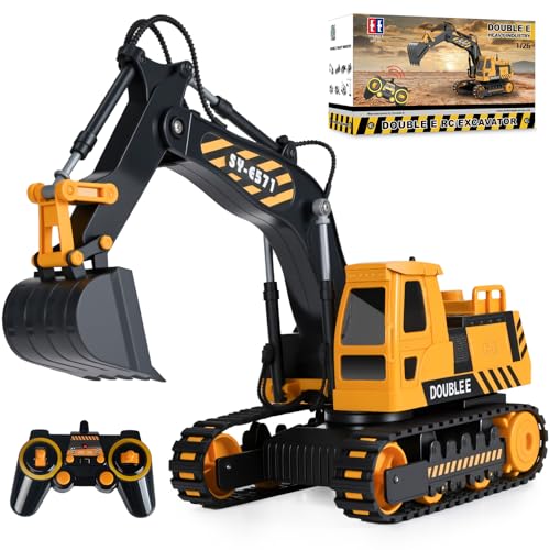DOUBLE E Remote Control Excavator Toy, RC Excavators Sandbox Digger Hydraulic Construction Toys - Realistic Construction Vehicle with 6 Functions, Xmas Gift for Kids 3-14 Years