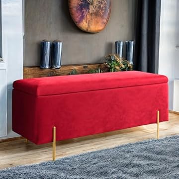 Harveys Living Ottoman Storage Box - Engineered Wood Luxurious Plain Plush Velvet Ottoman Storage Bench (Red, Plain)