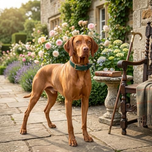 Image of Genuine Leather Dog Collar, Green, Extra Large, Brass Buckle, Padded | 1.5 Inch Wide, Fit Neck Size - 22 inch - 26 inch, Double D Ring, Adjustable, Thick Leather, Heavy Duty, Soft Leather padding