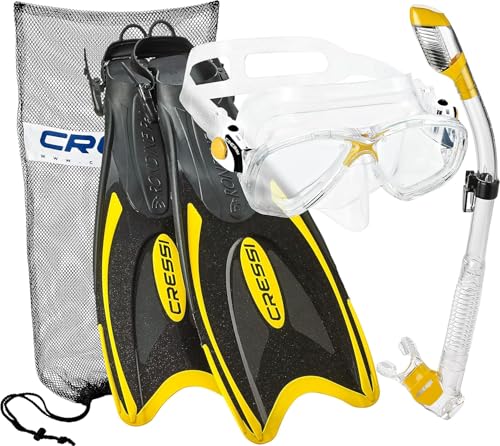 Cressi Italienisches Design Premium gehärtete Glaslinse Scuba Schnorchel Maske, Trockenschnorchel, Palau Lange Verstellbare Schnorchelflosse, Schnorchelset mit Tragetasche für Damen und Herren