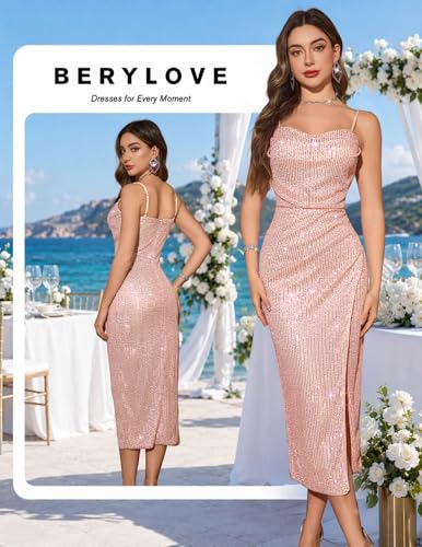 Image of BeryLove Summer Sequin Cocktail Prom Wedding Guest Dresses Sparkly Party Evening Formal Spaghetti Strap Dress