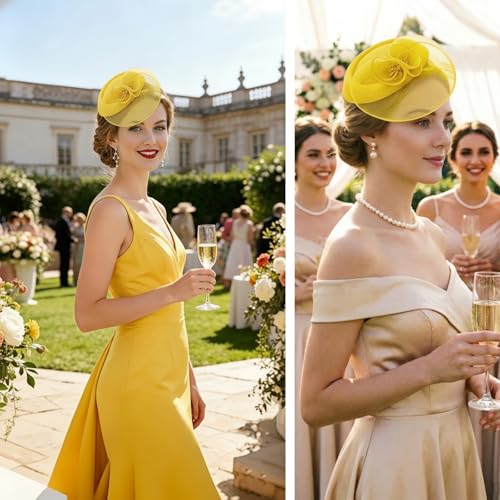 Image of DRESHOW Fascinator Hats for Women Cocktail Tea Party Hat Netted Pillbox Hat Vintage Derby Hats for Bridal Wedding