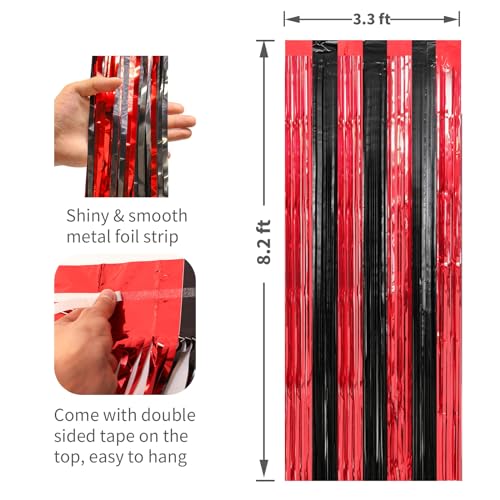Image of 2 Pack Red and Black Foil Fringe Curtains Streamers Party Decorations 3.3 x 8.2 ft, Tinsel Curtain Fringe Backdrop for Parties, Door Fringe Birthday Streamers, Photo Booth Backdrops, Party Decor