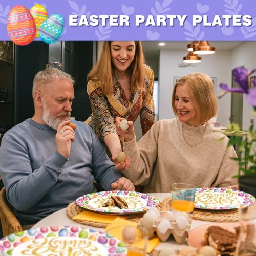 50 Count Easter Paper Plates, Happy Easter Bright Eggs 10" X 12" Oval Large Disposable Dinner Dessert Salad Party Plates Serving Dish Tray For Spring Holiday Easter Decorations Party Supplies #TOP6