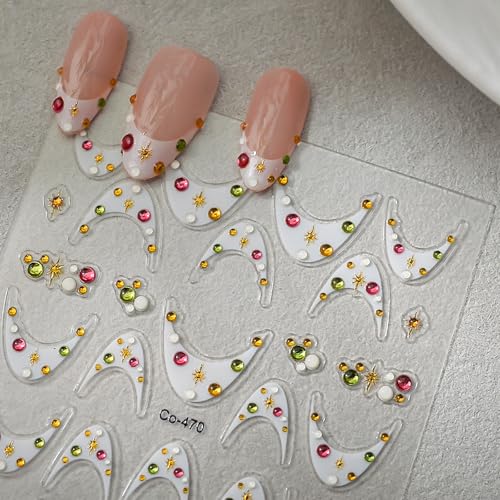 Image of White French Tip Nail Stickers Colorful Nail Decals with Star Design Rhinestone Nails Art Sticker 5d Self Adhesive Nails Stickers for Women Girls Supply Manicure Charms Nails Art Decals