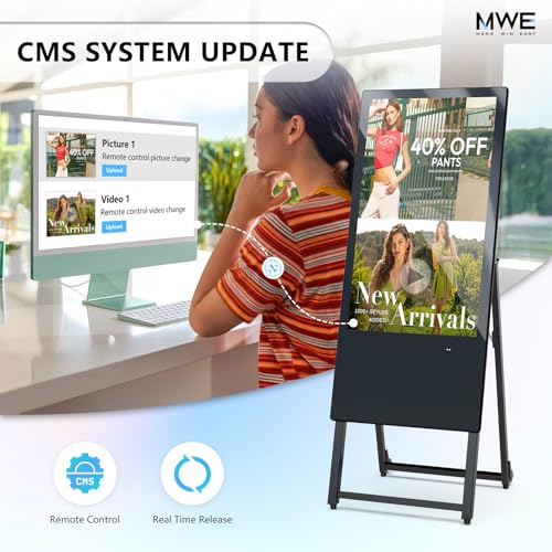 Image of JIYANG 32 Inch Indoor Digital Signage Display,Floor Standing Advertising Digital Kiosk with Wheels,Portable LCD Poster Totem Support HDMI Input,Split Screen,Timed Open /Off,Android System