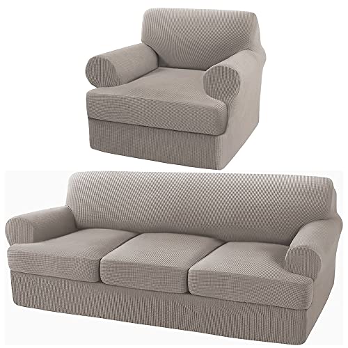 Turquoize 4 Pieces Sofa Covers for 2 Individual T Cushion Couch Sofa Slipcover Bundle 2 Pieces Chair Slipcover, Taupe