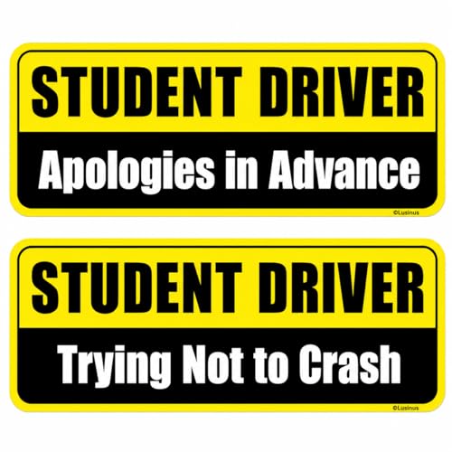 Image of Lusinus Student Driver Magnet for Car - 2-Pack Reflective Funny Magnetic Bumper Sticker Set - Removable Novice Driver Safety Attention Sign - Weather-Resistant (Yellow-Black)