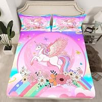 Homewish Drap Housse 90x190 Fille Licorne Kawaii, Drap-Housse Feuilles Fleurs Champignons pour Enfants Garçons, Drap de Lit Animaux de Dessins Animés, Décor de Chambre Mignon