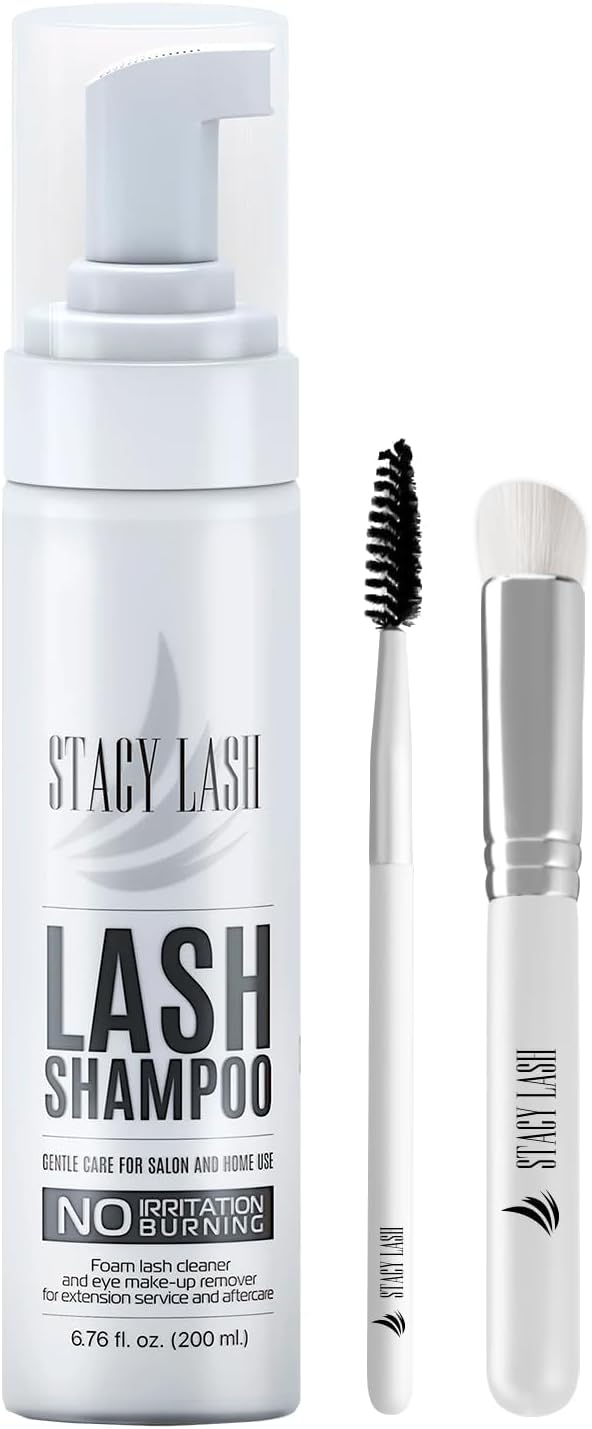 STACY LASH 6.76 fl.oz / 200ml Eyelash Extension Shampoo + Brush/Eyelid Foaming Cleanser/Wash for Extensions & Natural Lashes/Safe Makeup Remover/Supplies for Professional & Home Use