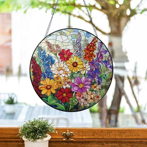 Colorful Wildflowers Suncatcher -7.9 in Stained Glass Window Hanging Sun Catcher Garden Decor — view 3