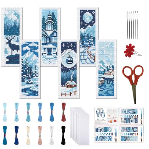 Image of FREEBLOSS 6pcs Cross Stitch Bookmark Kit for Adult Beginners Stamped Snow Scenery Cross Stitch Kits Embroidery Bookmarks Craft Kit with Instructions for Gift 11CT 8 inchx2.4 inch