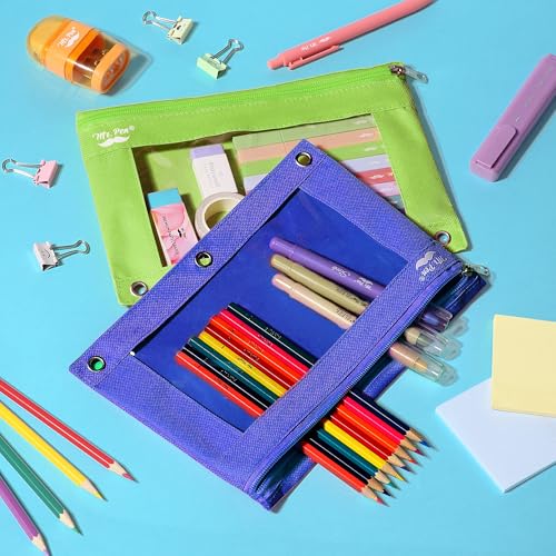 Image of Mr. Pen- Pencil Pouch for 3 Ring Binder, 2 Pack, 10 inchx6.75 inch, Smooth Zipper, Clear Window, Large Capacity Pencil Case with 3 Reinforced Grommets for School, Office, Supplies Storage