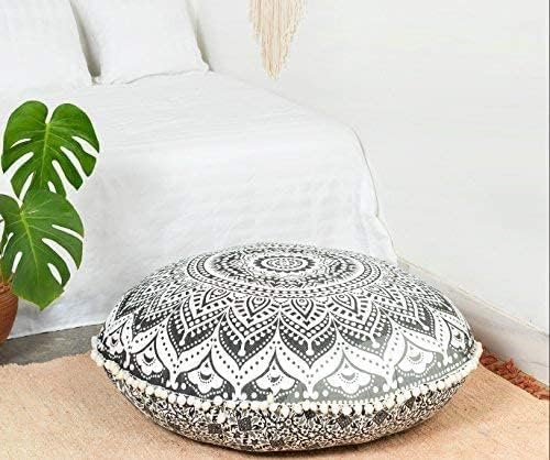 HULEX Large Hippie Mandala Floor Pillow Cover - Cushion Cover - Pouf Cover Round Bohemian Yoga Decor Floor Cushion Case (Black in White)