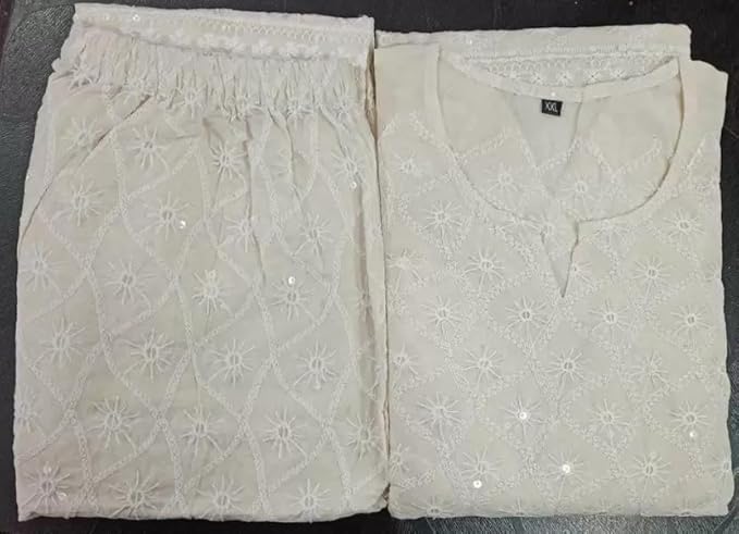 Ambrozee|| Women's Cotton Embroidered Chikankari Kurti with Pant Set|| Readymade Salwar Suit with 3/4th Sleeves for Party and Casual Wear (White)