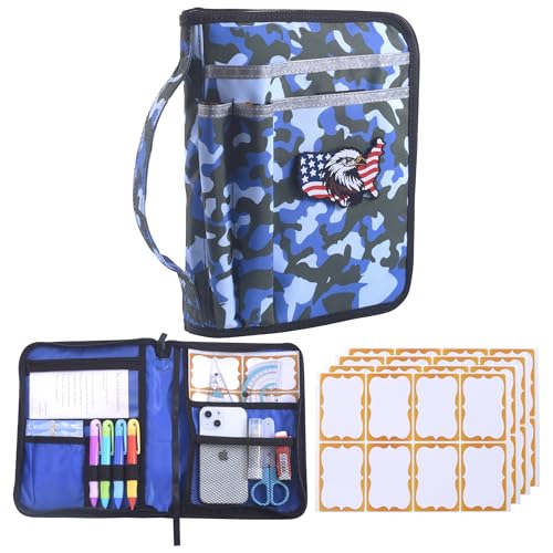 LParkin Blue Camo Scouts Book Cover for Handbook 14th Edition Boy Camo Waterproof Protective Sleeve with Eagle Patch & 32 Name Labels Gifts for Boy and Girl Scouts