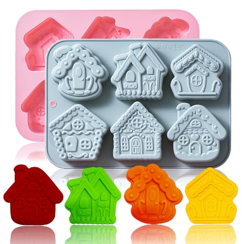 2 Pack Gingerbread House Cake Molds Christmas Gingerbread House Baking Mold 6-Cavity Silicone Village Gingerbread House Mold Perfect for Cake Cupcake Decoration Soap Pudding Chocolate Candy Ice Cube