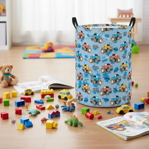 Image of Baby Laundry Hamper Basket Baby Hamper for Nursery Boy and Girl Cute Storage Bin Organizer Boho Room Decor(Monster Truck)