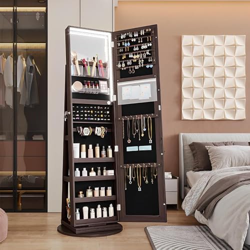 Full-Length Floor Mirror with 360-Degree Rotating Makeup Cabinet and Jewelry Storage - Stylish Dressing Mirror for Home Décor and Organization