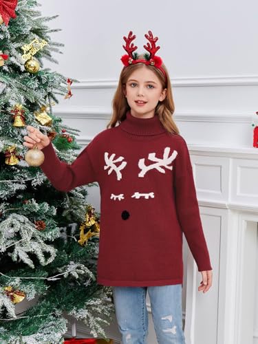 Image of Haloumoning Girls Christmas Sweater Kids Oversized Turtleneck Cute Reindeer Sweaters with Side Slit