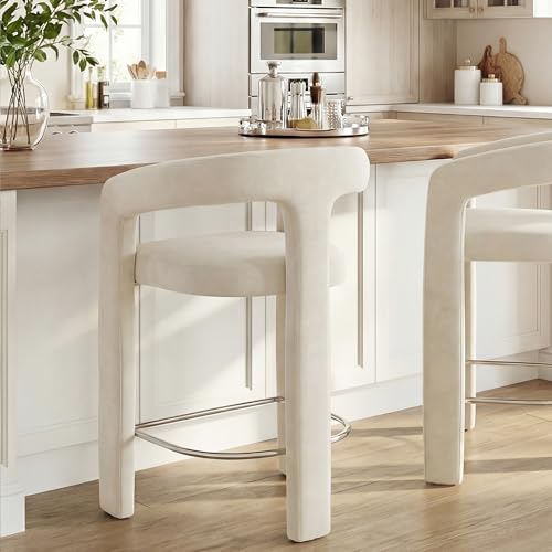 Image of HNY Modern Barrel Bar Stool, 26 Inch Upholstered Velvet Counter Height Barstool with Open Back and Armrests, for Kitchen Island, Home Bar, Dining Room, No Assembly, Cream