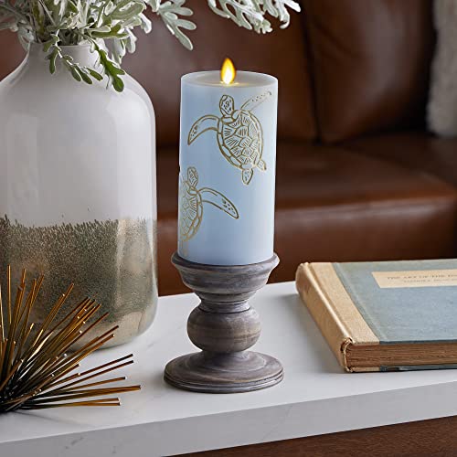 Luminara Blue Flameless LED Candle with Debossed Sea Turtle Moving Flame Pillar (3' x 6.5'), Unscented Real Wax with Recessed Edge, Battery Operated Candle Lights