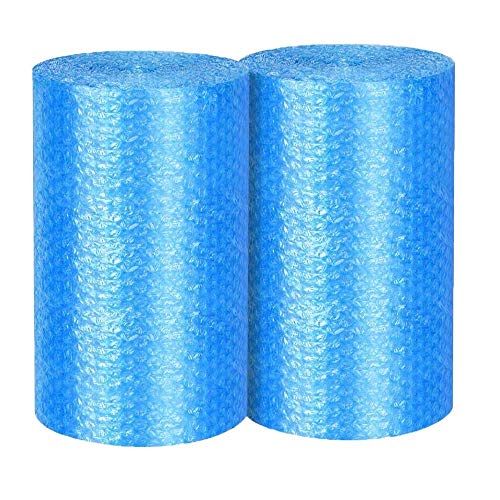 2-Pack Blue Bubble Cushioning Wrap Rolls, 3/16” Air Bubble, 12 Inch x 72 Feet Total, Perforated Every 12”, 20 Fragile Stickers Included