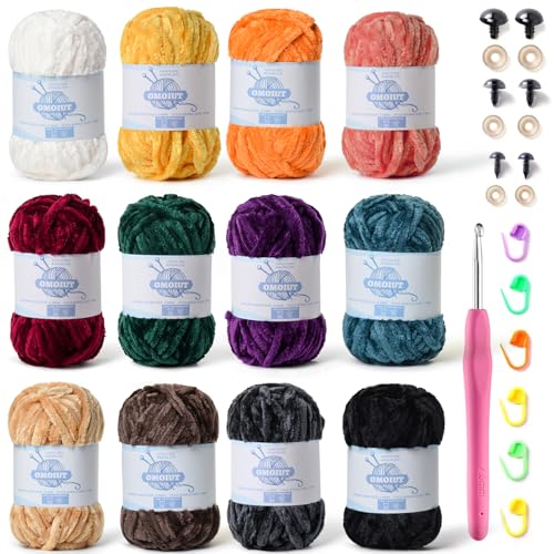 Image of 12 Pack 590 yds Chunky Chenille Yarn for Crocheting and Hand Knitting with Black Red White Green Orange Blue Plush Velvet Yarn，Baby Blanket Yarn for Crocheting Soft Amigurumi Yarn D