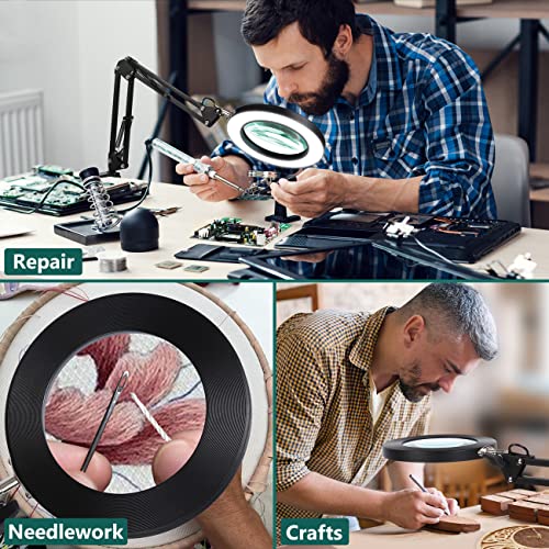 10X Veemagni 2-In-1 Magnifying Glass With Light And Stand, 3 Color Modes Stepless Dimmable, Real Glass Desk Lamp & Clamp, Led Lighted Magnifier With Light For Reading Crafts Repair Close Works #TOP5