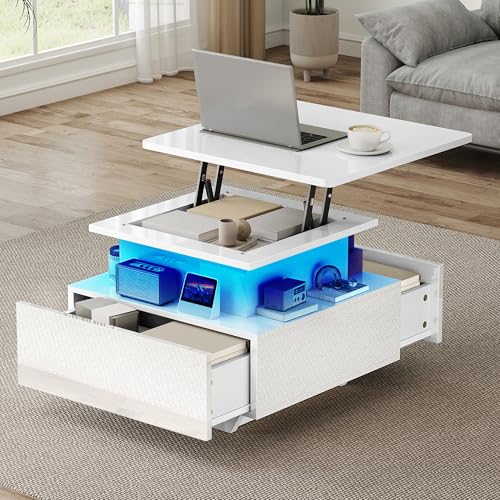 DWVO Table Basse avec LED, Hauteur Réglable, Blanc Laqué Moderne, avec Rangement et Tiroirs pour Salon, 60x60x45-58 cm