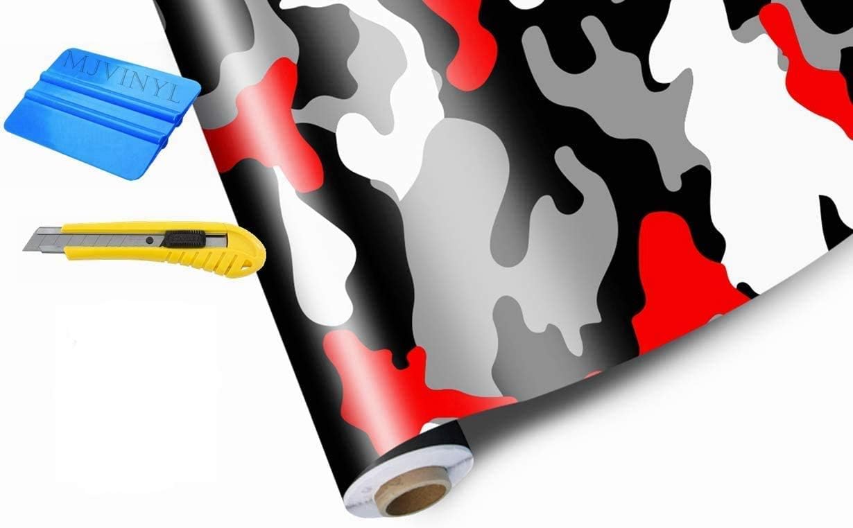 Camo Camouflage Vinyl Film Wrap Decal Air Bubble Free RED Black White Gray + Free Tool Kit (12" x 60" / 1FT x 5FT)
