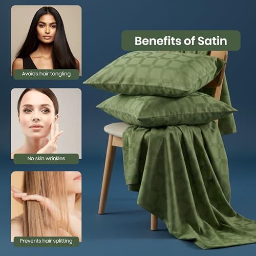 Image of Mush Satin Bedsheet King Size with 2 Pillow Case | 400 TC Bedsheets for King Size Bed | Cooling, Soft & Breathable Satin Bed Sheet, Premium Bedsheets Kingsize (Forest Green, Jacquard Collection)