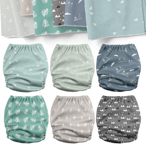 Image of Mama Koala 3.0 Pocket Cloth Diapers for Babies with AWJ Lining, 6 Pack with 6 5-Layer Natural Cloth Diaper Inserts - Reusable and Washable Pocket Diapers(A-The Gray Sky)