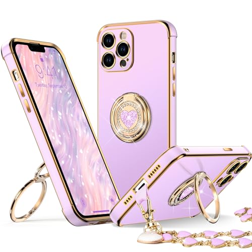 Coque de protection de luxe pour iPhone 12 Pro motif cœur violet et béquille anneau