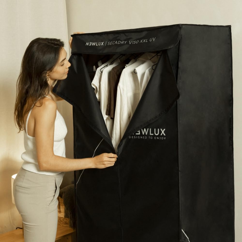 Newlux - Séchoir à Linge Électrique Portable Secadry (1200W) avec Lumière UV pour Désinfecter. Capacité 15Kg, Temp. 180min, 4 Niveaux. Séchoir par Ventilation idéal comme Armoire et Séchoir, Noir