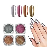 U-Shinein 4PCS Chrome Nail Powder Set, Pearl Chrome Nail Powder, Metallic Mirror Effect Pigment Powder, Pearlescent Mermaid Nail Powder, Holographic Aurora Powder for Nail Art, 2+3+12+15