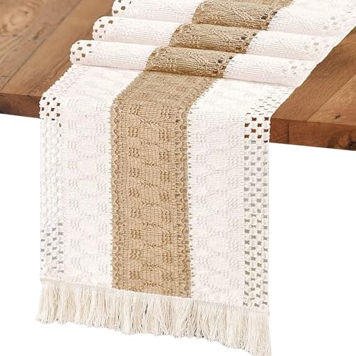 Camino de Mesa Bohemio 30 × 140 cm, Poliéster, Mantel de Lino-Algodón, Lavable, con Borlas, Suave y Cómodo, Adecuado para Restaurantes Occidentales, Cafés, Bodas
