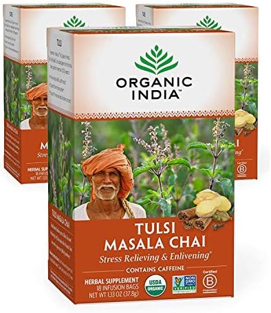 Organic India Tulsi Masala Chai Herbal Tea - Stress Relieving & Enlivening, Immune Support, Vegan, USDA Certified Organic, Black Tea, Antioxidant, Caffeinated - 18 Infusion Bags, 3 Pack
