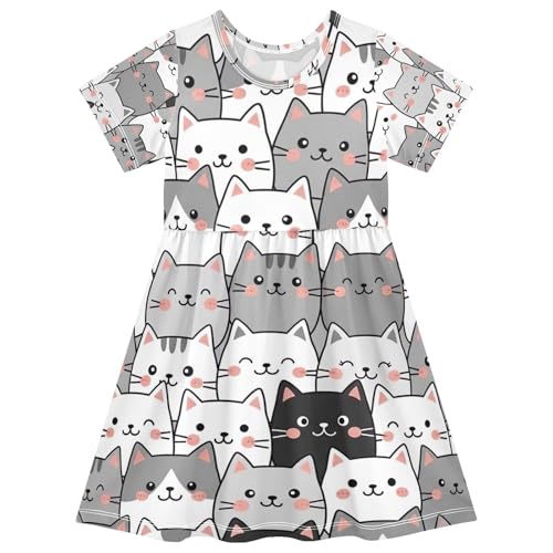Cute Cats Girls Short Sleeve Dress Toddler Dress Casual Summer Outfit Kids Cotton Sundress, 2T