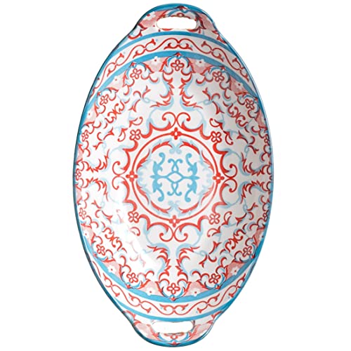 Nestasia Red and Blue Mandala Ceramic Long Dish with Handles for Serving Snacks, Appetizers, Salads, and Noodles| Microwave Safe, Dishwasher Safe (10.8 Inch)