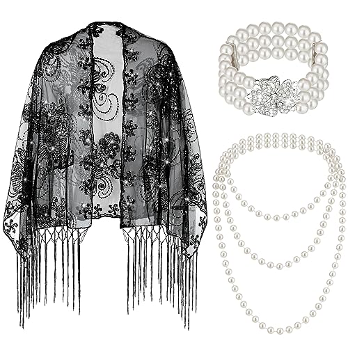 Bencailor 3 Pcs 1920s Shawl Scarf Pearl Necklace Pearls Bracelet Set Sequin Fringed Wedding Cape 1920s Accessories Jewelry
